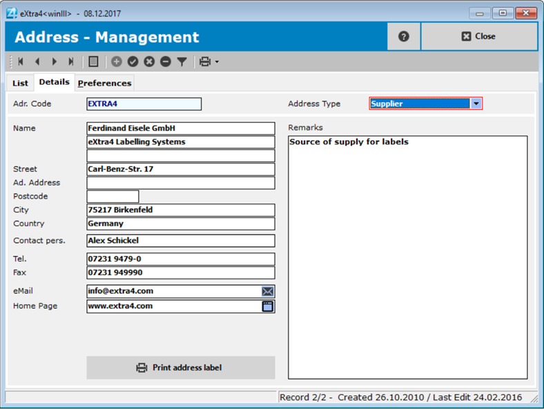 Application > Address Management > Addresses > Address Management