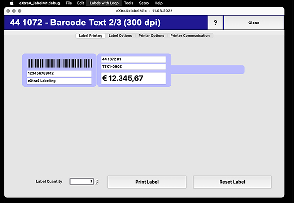 Eingabemaske Etikettendruck-Software eXtra4-labelM1 mit fertig gestaltetem Etiketten-Design