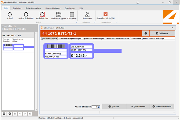 Entry mask of label printing software eXtra4-win4 with ready-made label design