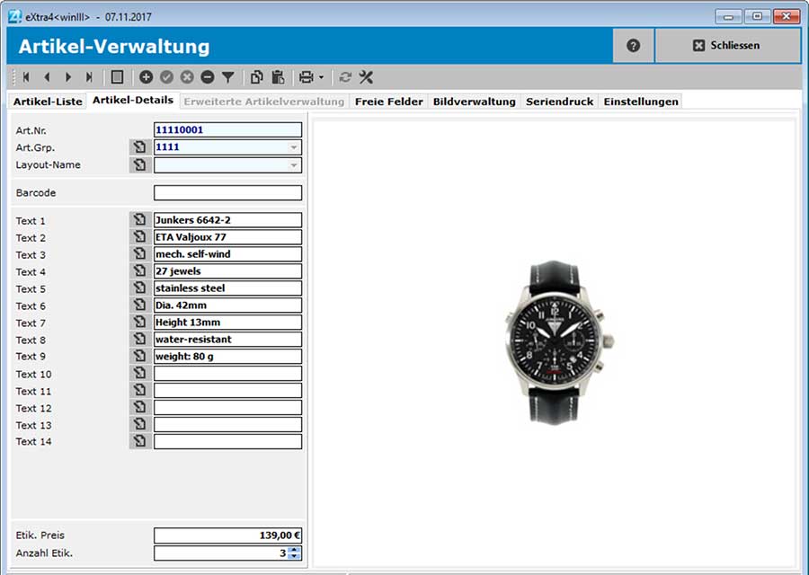 Fenster Etikettendruck-Software extra4 Detail-Ansicht Artikel in der einfachen Artikel-Verwaltung