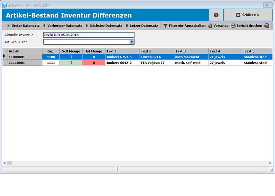 Fenster Etikettendruck-Software extra4 Ansicht der Inventur-Differenzen in der erweiterten Artikel-Verwaltung