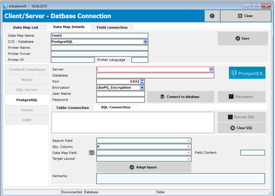 Window label printing software extra4 view connection details for accessing a multi-user client/server database