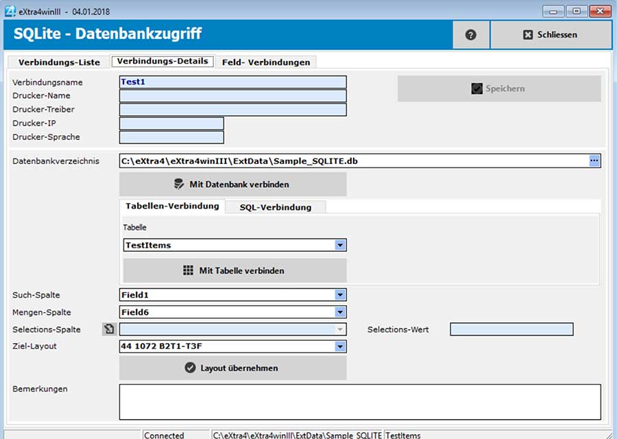 Fenster Etikettendruck-Software extra4 Verbindungs-Details für den Zugriff auf eine lokale Datenbank