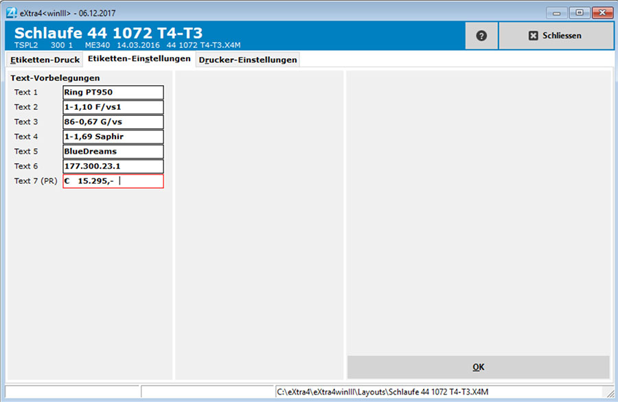 Fenster etikettendruck-software extra4 Erfassungsmaske vordefinierte Texte
